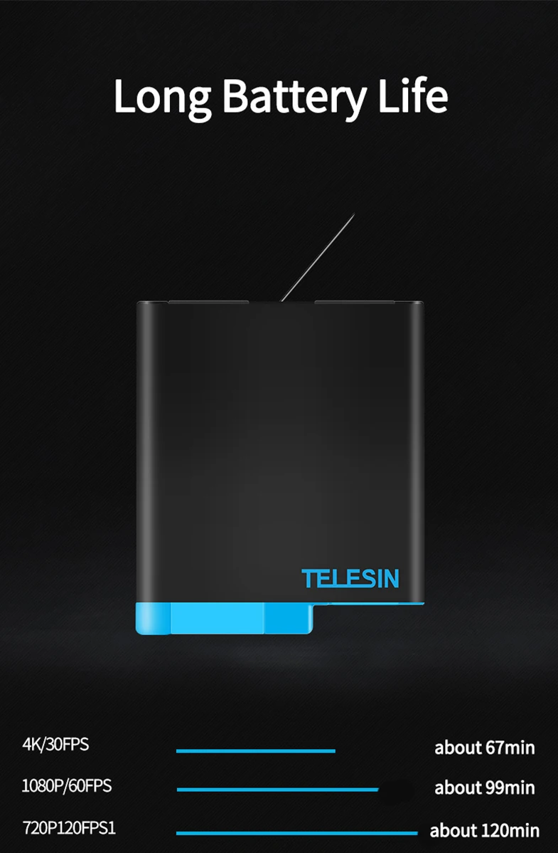 TELESIN 1220mAh 3Pack Battery 3 Slots LED Light Battery Charger Storage Box Type C Cable for GoPro Hero 5 6 7 8 Black Camera