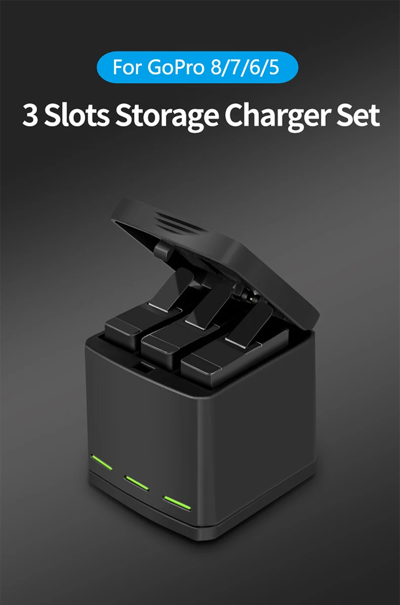 TELESIN 1220mAh 3Pack Battery 3 Slots LED Light Battery Charger Storage Box Type C Cable for GoPro Hero 5 6 7 8 Black Camera