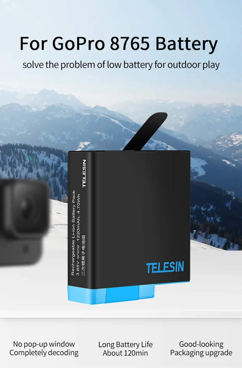 TELESIN 1220mAh 3Pack Battery 3 Slots LED Light Battery Charger Storage Box Type C Cable for GoPro Hero 5 6 7 8 Black Camera