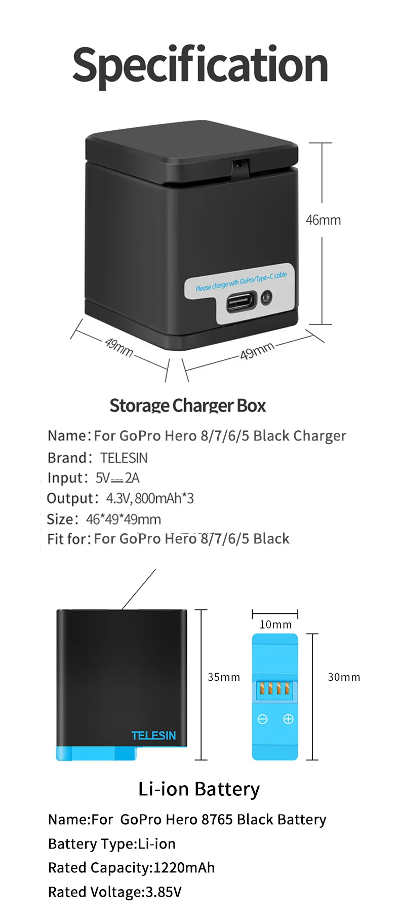 TELESIN 1220mAh 3Pack Battery 3 Slots LED Light Battery Charger Storage Box Type C Cable for GoPro Hero 5 6 7 8 Black Camera