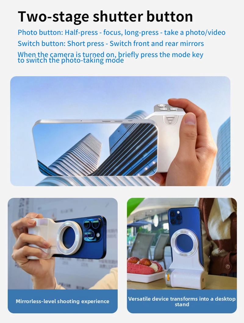 Magnetic Bluetooth Phone Camera Grip Zoom Shutter Button with Fill Light Remote Control Portable Phone Stabilizer Handle
