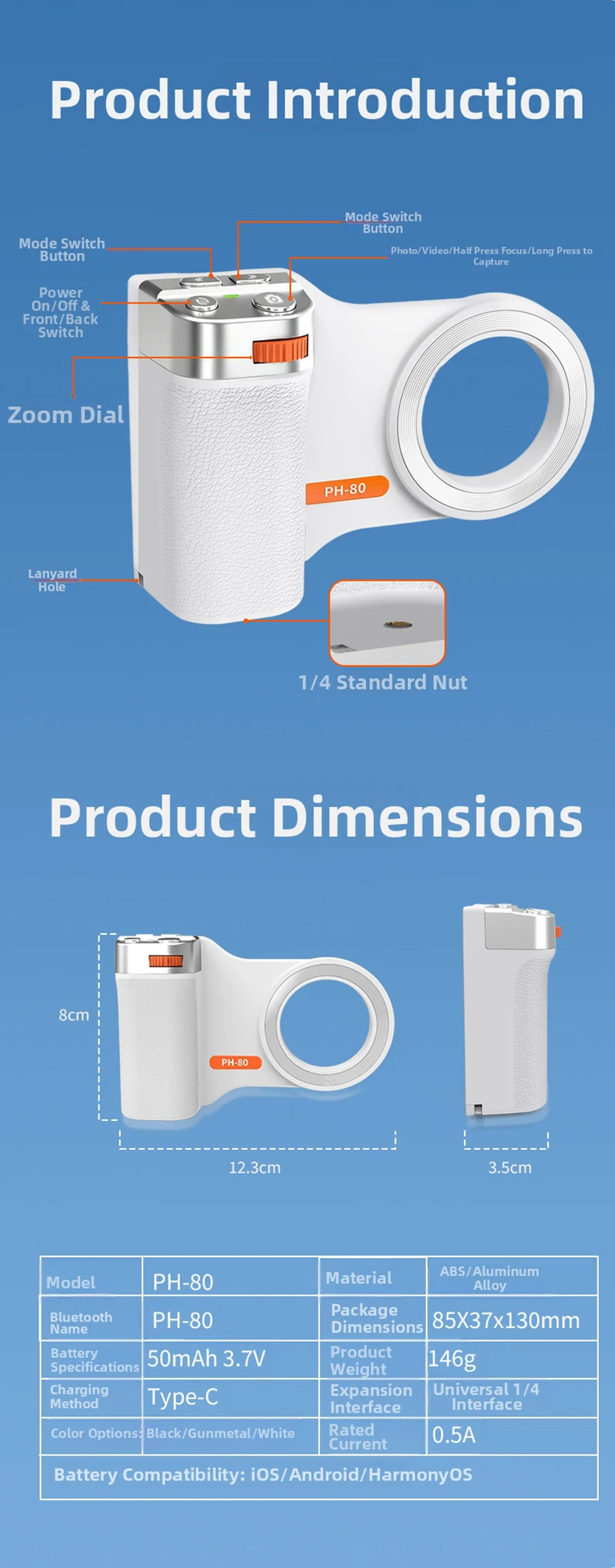 Magnetic Bluetooth Phone Camera Grip Zoom Shutter Button with Fill Light Remote Control Portable Phone Stabilizer Handle