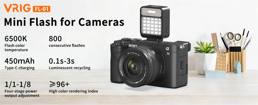 VRIG Retro Camera Flash Speedlite for Sony ZV1 Ricoh GR3 Fujifilm XT5 Nikon Z30 Mini LED Constant Light Universal Hot Shoe Flash